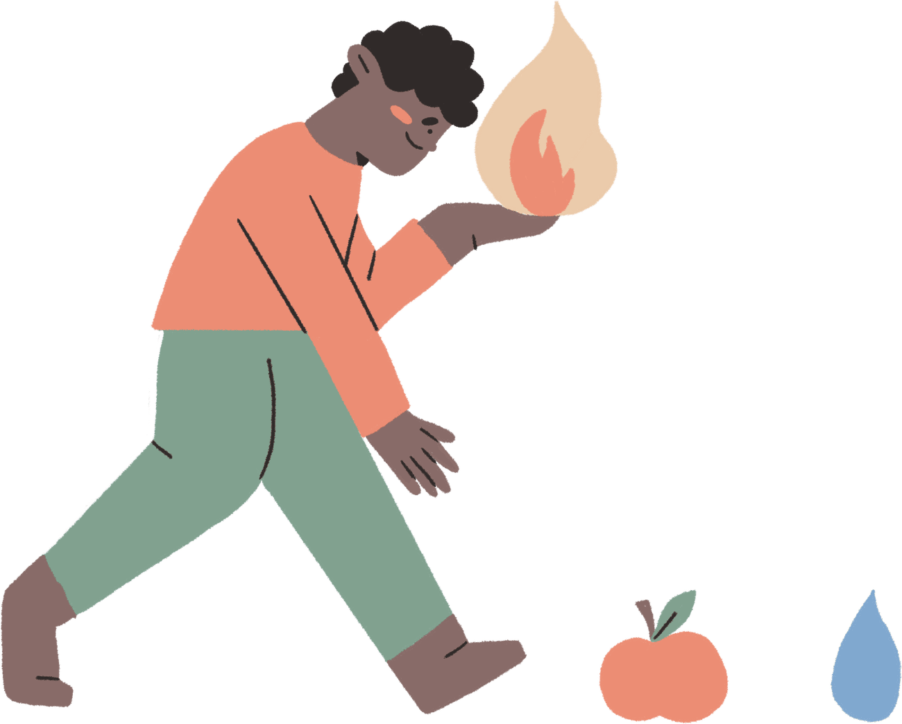 A person striding forward carrying a flame, an apple and a drop of water on the path ahead