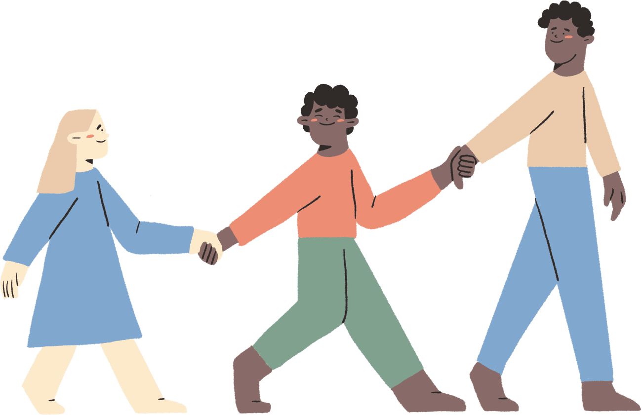 Three people of different appearances walking together, hand in hand