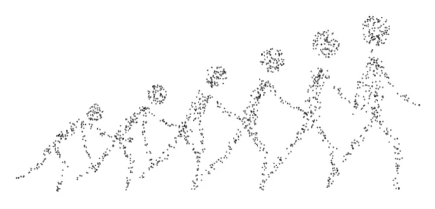 Dotted figures rising from crouching to standing, an evolution of the human form